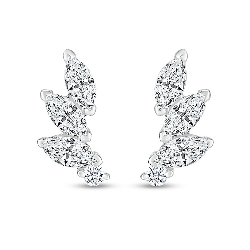 Marquise White Lab-Created Sapphire Three Stone Slant Curved Stud Earrings in Sterling Silver|Peoples Jewellers