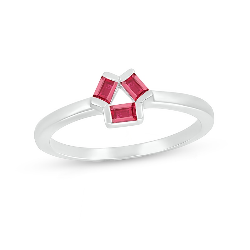 Baguette Lab-Created Ruby Three Stone Open Triangle Geometric Ring in Sterling Silver|Peoples Jewellers