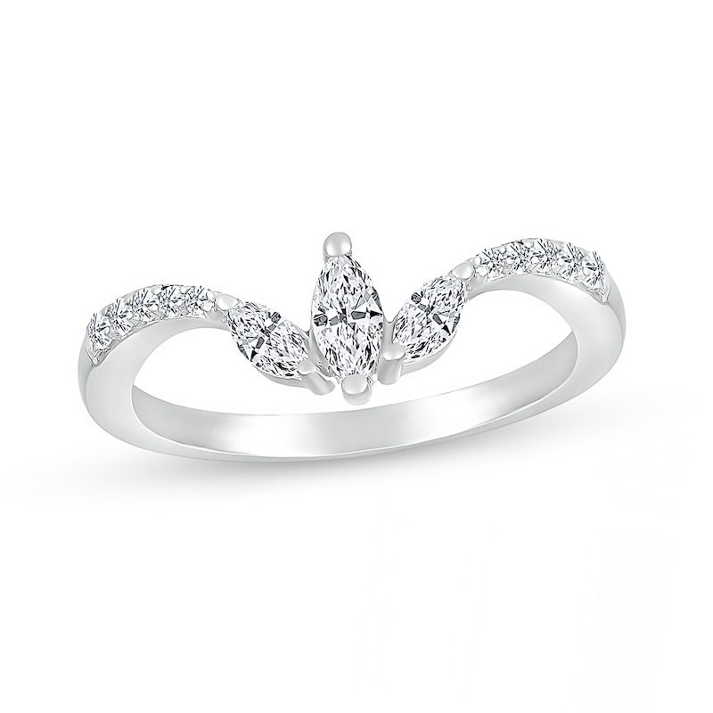 Marquise White Lab-Created Sapphire Tri-Leaf Tapered Shank Contour Band in Sterling Silver