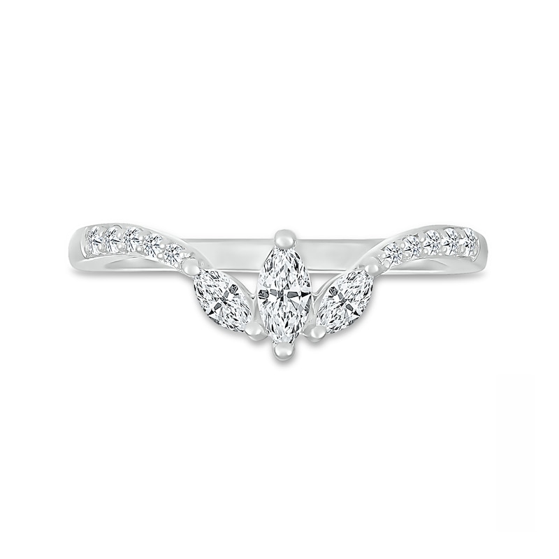 Marquise White Lab-Created Sapphire Tri-Leaf Tapered Shank Contour Band in Sterling Silver