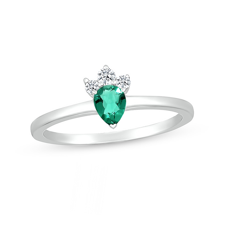 Pear-Shaped Lab-Created Emerald and White Lab-Created Sapphire Tri-Top Tiara Ring in Sterling Silver