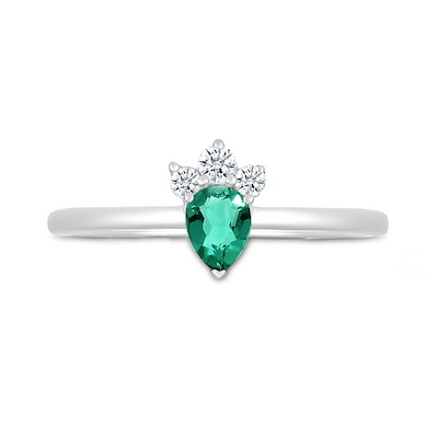 Pear-Shaped Lab-Created Emerald and White Lab-Created Sapphire Tri-Top Tiara Ring in Sterling Silver