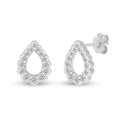 White Lab-Created Sapphire Graduated Scallop Edge Open Teardrop Stud Earrings in Sterling Silver