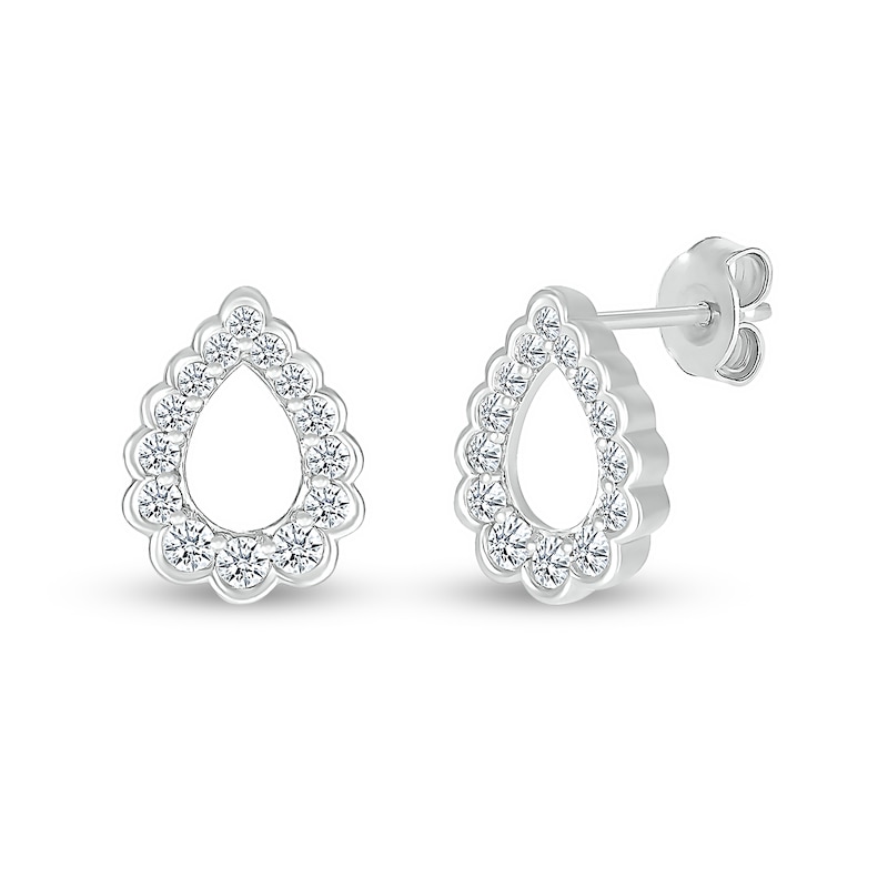 White Lab-Created Sapphire Graduated Scallop Edge Open Teardrop Stud Earrings in Sterling Silver