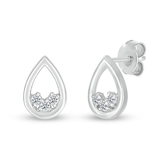 White Lab-Created Sapphire Three Stone Open Teardrop Stud Earrings in Sterling Silver
