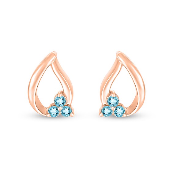 Swiss Blue Topaz Trio Swirl Ribbon Open Teardrop Stud Earrings in 10K Rose Gold
