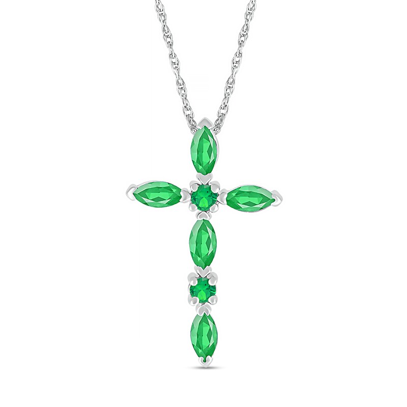 Marquise and Round Lab-Created Emerald Alternating Cross Pendant in Sterling Silver