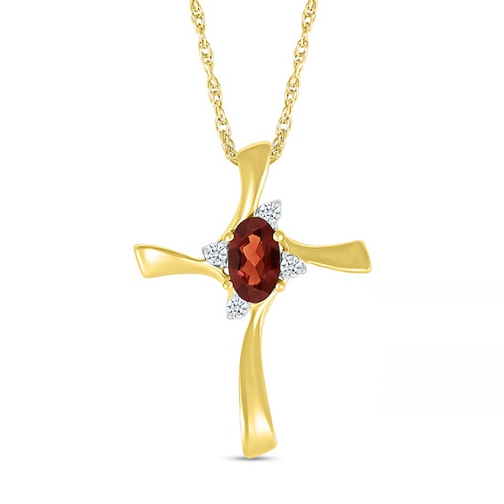 Oval Garnet and Diamond Accent Swirl Ribbon Cross Pendant in 10K Gold