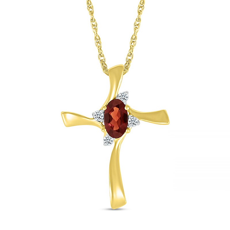 Oval Garnet and Diamond Accent Swirl Ribbon Cross Pendant in 10K Gold