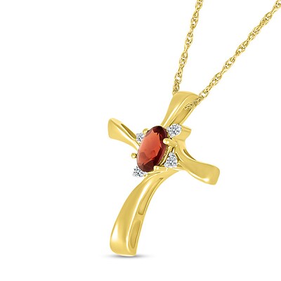 Oval Garnet and Diamond Accent Swirl Ribbon Cross Pendant in 10K Gold