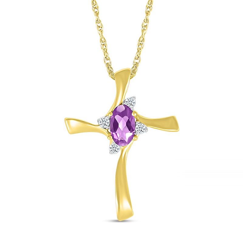 Oval Amethyst and Diamond Accent Swirl Ribbon Cross Pendant in 10K Gold