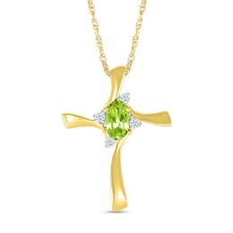 Oval Peridot and Diamond Accent Swirl Ribbon Cross Pendant in 10K Gold