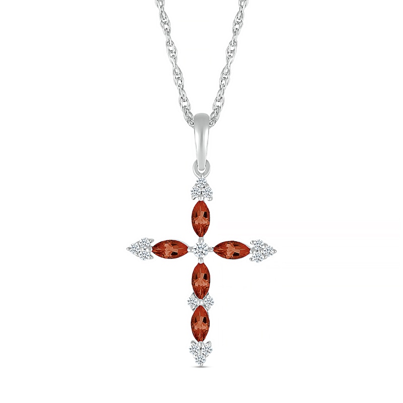 Marquise Garnet and 0.065 CT. T.W. Diamond Tri-Tip Cross Pendant in Sterling Silver