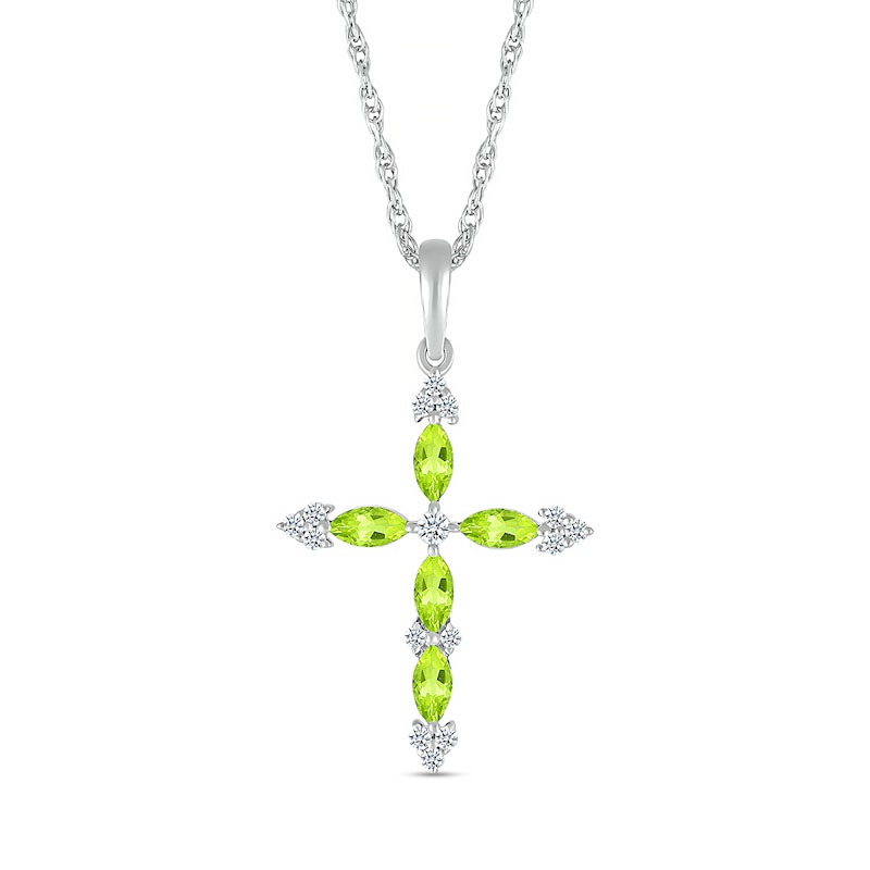 Main Image 1 of Marquise Peridot and 0.065 CT. T.W. Diamond Tri-Tip Cross Pendant in Sterling Silver
