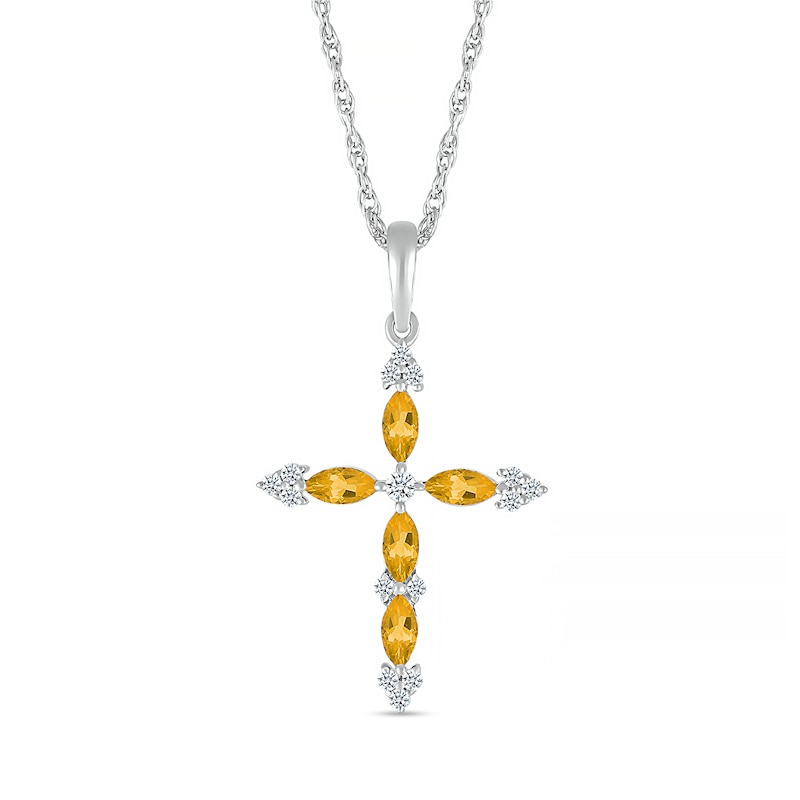 Main Image 1 of Marquise Citrine and 0.065 CT. T.W. Diamond Tri-Tip Cross Pendant in Sterling Silver