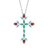 Thumbnail Image 1 of Pear-Shaped Garnet with Marquise Aquamarine and Lab-Created Emerald Floral Cross Pendant in Sterling Silver