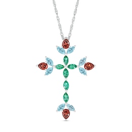 Pear-Shaped Garnet with Marquise Aquamarine and Lab-Created Emerald Floral Cross Pendant in Sterling Silver