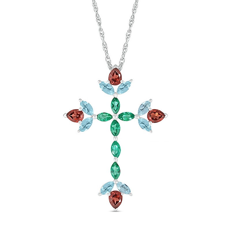 Pear-Shaped Garnet with Marquise Aquamarine and Lab-Created Emerald Floral Cross Pendant in Sterling Silver|Peoples Jewellers