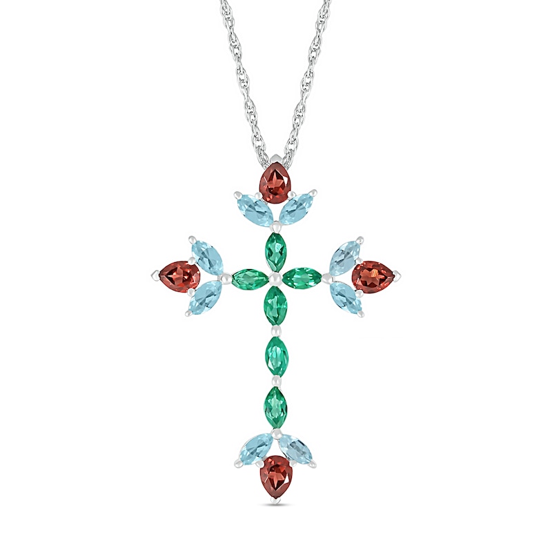 Main Image 1 of Pear-Shaped Garnet with Marquise Aquamarine and Lab-Created Emerald Floral Cross Pendant in Sterling Silver