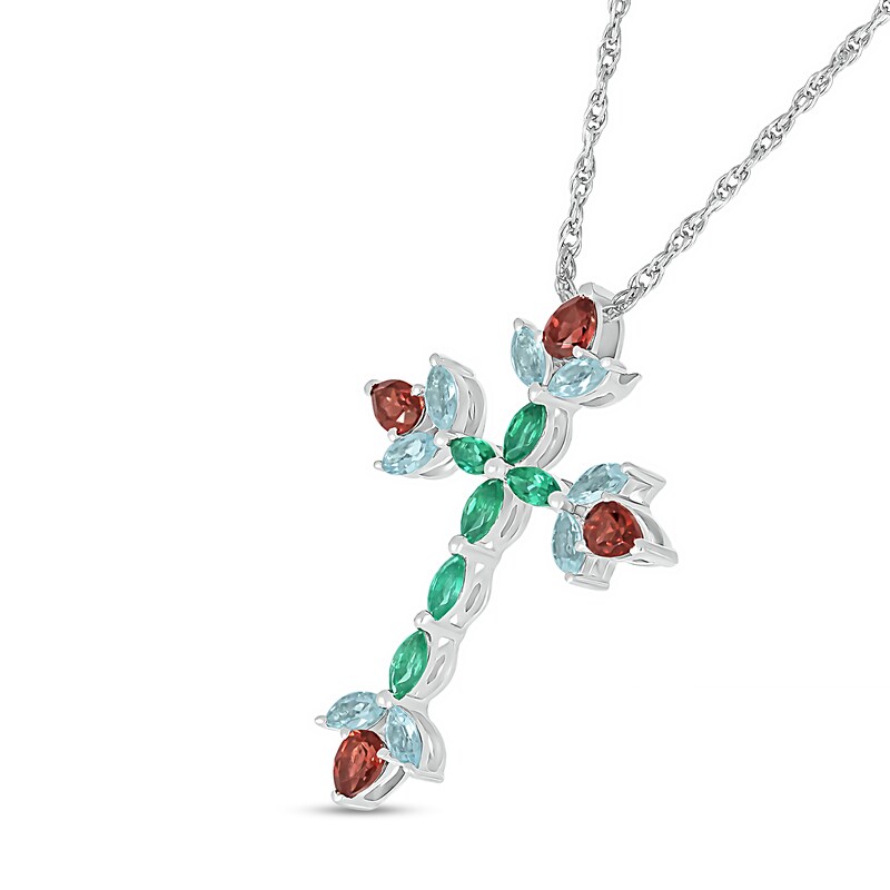 Main Image 2 of Pear-Shaped Garnet with Marquise Aquamarine and Lab-Created Emerald Floral Cross Pendant in Sterling Silver