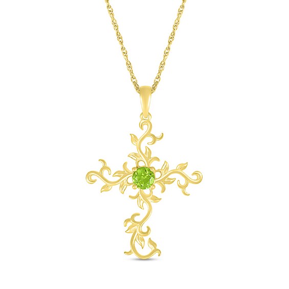 4.0mm Peridot Filigree Leaf Vine Cross Pendant in 10K Gold