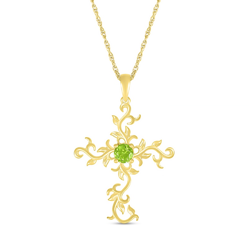 Main Image 1 of 4.0mm Peridot Filigree Leaf Vine Cross Pendant in 10K Gold