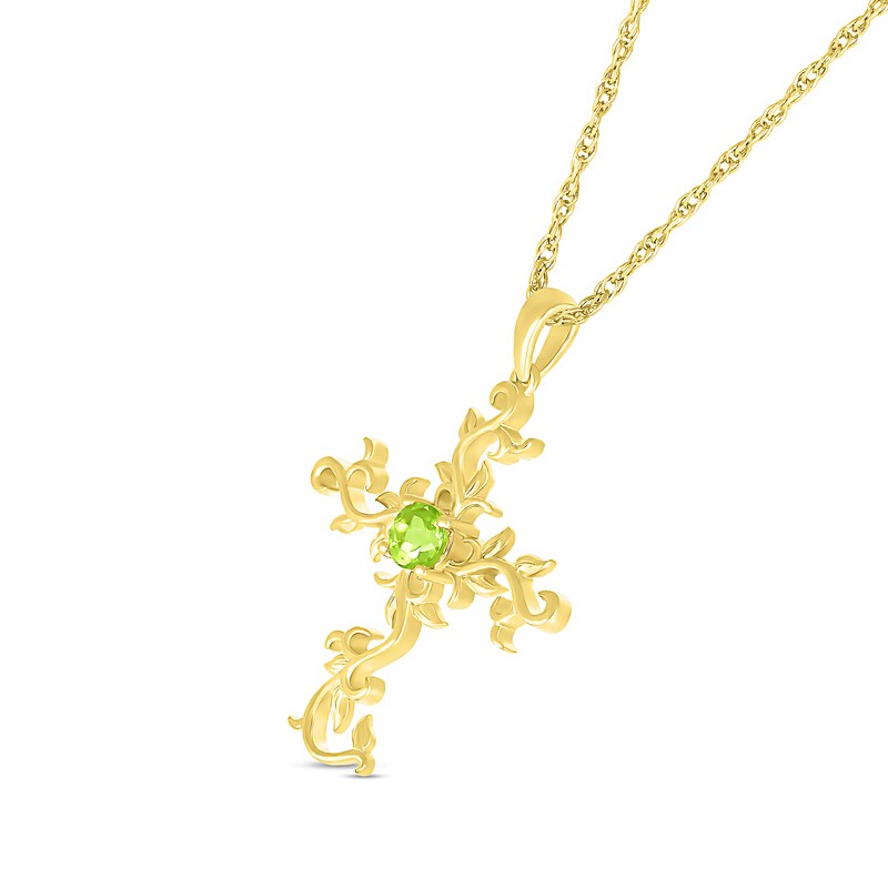 Main Image 2 of 4.0mm Peridot Filigree Leaf Vine Cross Pendant in 10K Gold