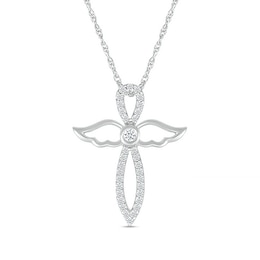 White Lab-Created Sapphire Angel Wing Cross Pendant in Sterling Silver