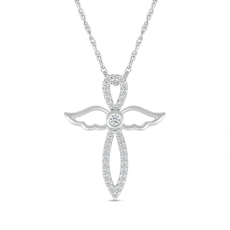 White Lab-Created Sapphire Angel Wing Cross Pendant in Sterling Silver