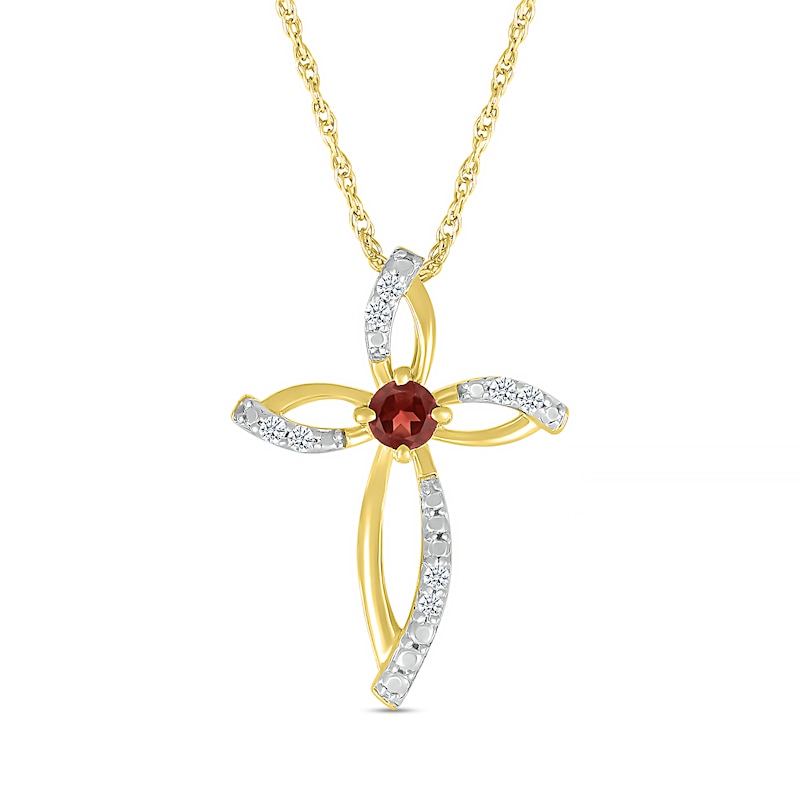 3.0mm Garnet and 0.04 CT. T.W. Diamond Bypass Ribbon Loop Cross Pendant in 10K Gold|Peoples Jewellers