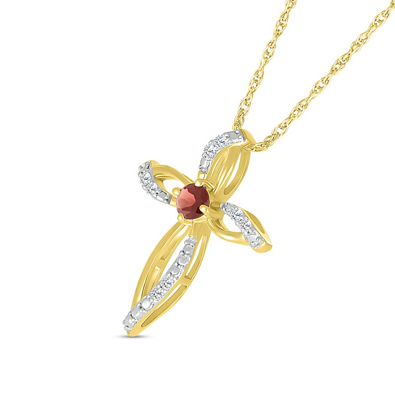 3.0mm Garnet and 0.04 CT. T.W. Diamond Bypass Ribbon Loop Cross Pendant in 10K Gold