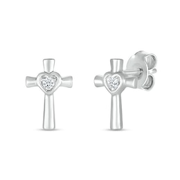 White Lab-Created Sapphire Heart Frame Cross Stud Earrings in Sterling Silver
