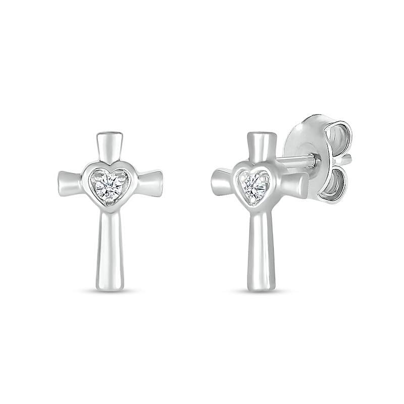 White Lab-Created Sapphire Heart Frame Cross Stud Earrings in Sterling Silver|Peoples Jewellers