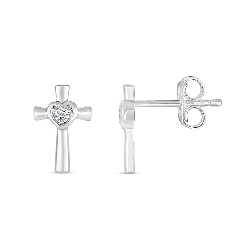 White Lab-Created Sapphire Heart Frame Cross Stud Earrings in Sterling Silver|Peoples Jewellers