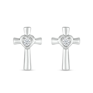 White Lab-Created Sapphire Heart Frame Cross Stud Earrings in Sterling Silver