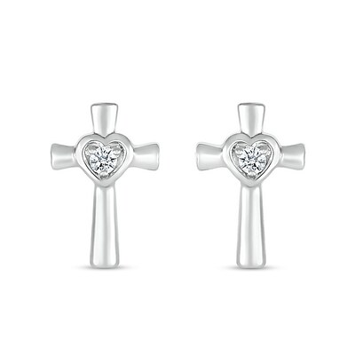 White Lab-Created Sapphire Heart Frame Cross Stud Earrings in Sterling Silver