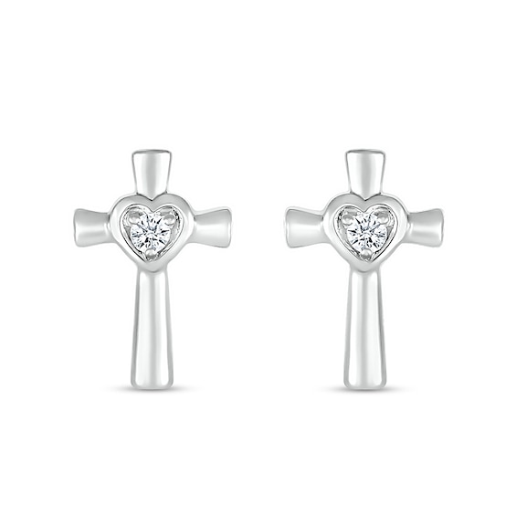White Lab-Created Sapphire Heart Frame Cross Stud Earrings in Sterling Silver