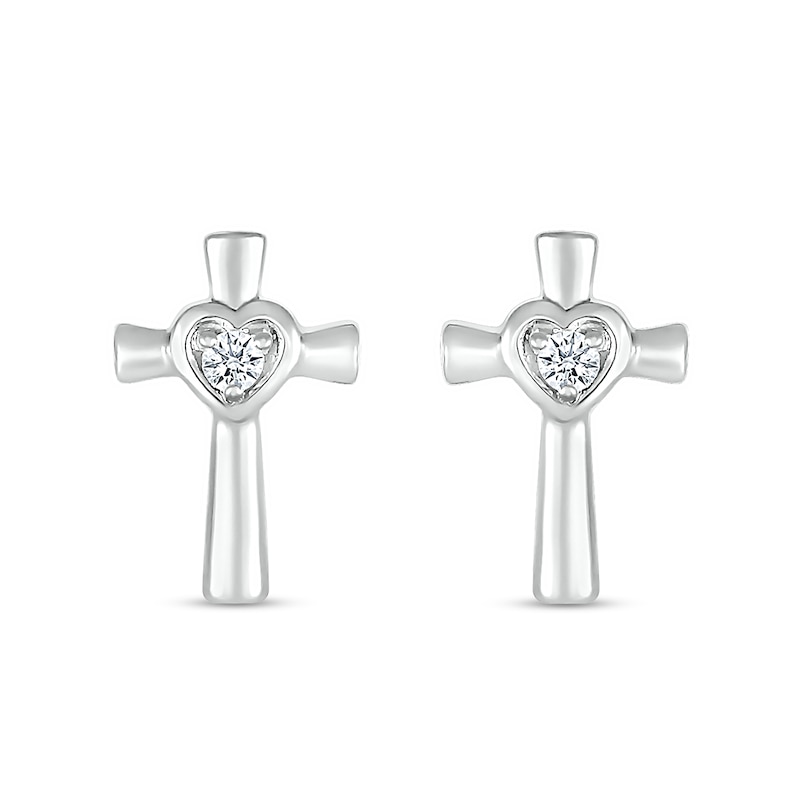 White Lab-Created Sapphire Heart Frame Cross Stud Earrings in Sterling Silver|Peoples Jewellers