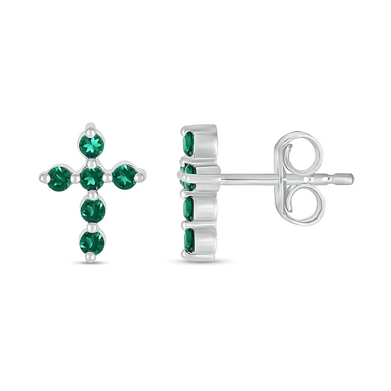 Main Image 2 of Lab-Created Emerald Bubbles Cross Stud Earrings in Sterling Silver