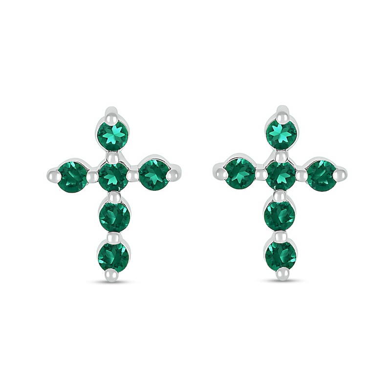 Main Image 3 of Lab-Created Emerald Bubbles Cross Stud Earrings in Sterling Silver