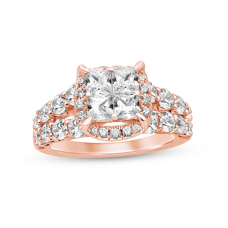 Main Image 1 of 2.95 CT. T.W. Quad Princess-Cut Diamond Frame Double Row Engagement Ring in 14K Rose Gold