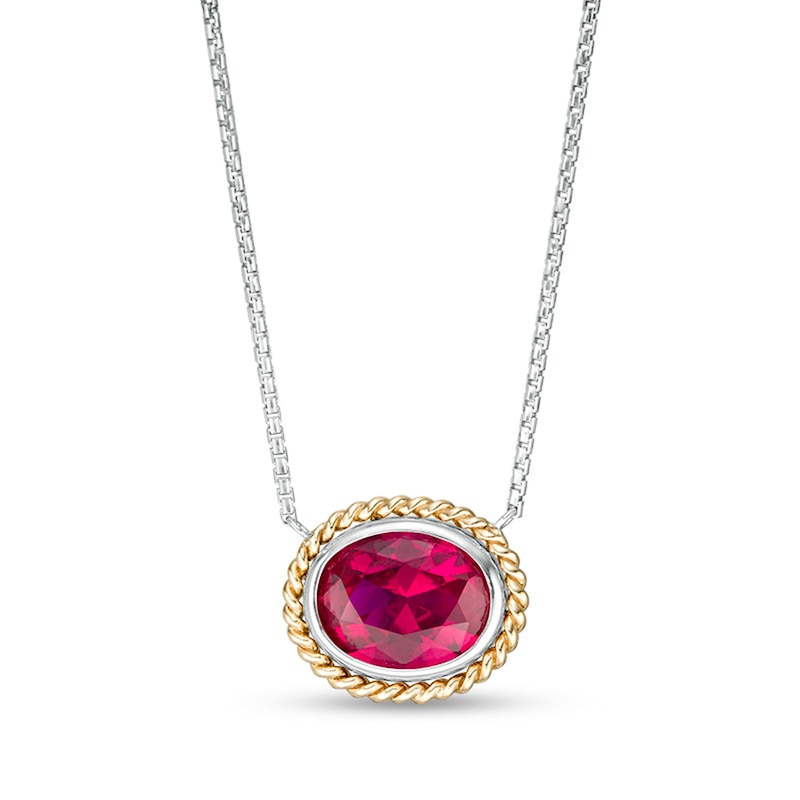 Oval-Shaped Lab-Created Ruby Solitaire Rope-Textured Frame Necklace in Sterling Silver and 10K Gold