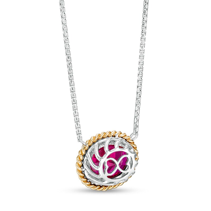 Main Image 3 of Oval-Shaped Lab-Created Ruby Solitaire Rope-Textured Frame Necklace in Sterling Silver and 10K Gold