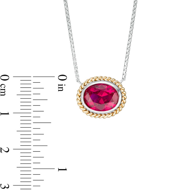 Main Image 4 of Oval-Shaped Lab-Created Ruby Solitaire Rope-Textured Frame Necklace in Sterling Silver and 10K Gold