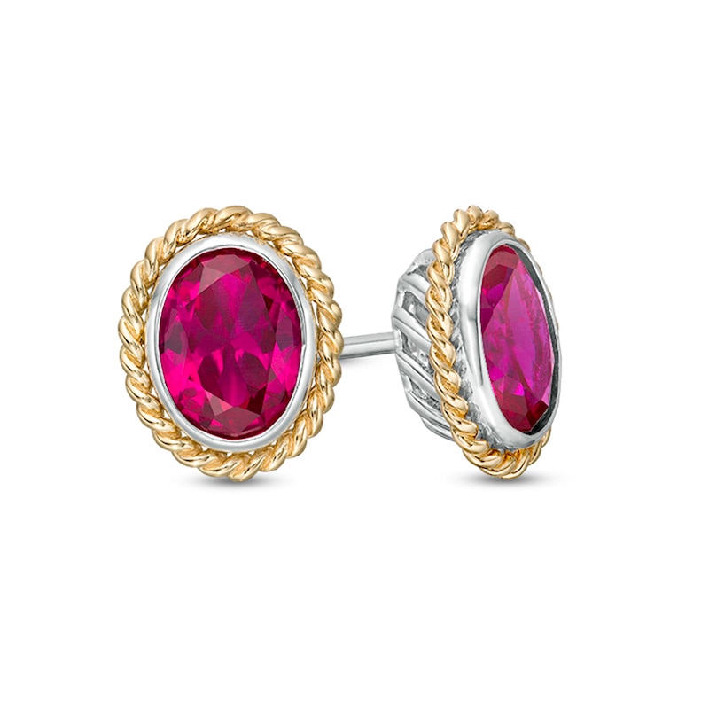 Oval-Shaped Lab-Created Ruby Solitaire Rope-Textured Frame Stud Earrings in Sterling Silver and 10K Gold|Peoples Jewellers