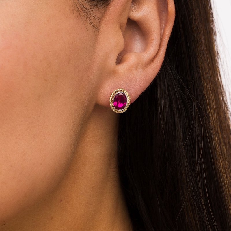 Main Image 2 of Oval-Shaped Lab-Created Ruby Solitaire Rope-Textured Frame Stud Earrings in Sterling Silver and 10K Gold