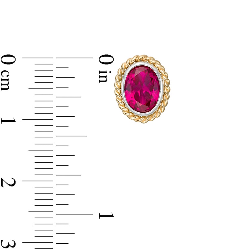 Main Image 3 of Oval-Shaped Lab-Created Ruby Solitaire Rope-Textured Frame Stud Earrings in Sterling Silver and 10K Gold