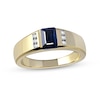 Thumbnail Image 0 of Men's Emerald-Cut Blue Sapphire and 0.12 CT. T.W. Diamond Octagonal Frame Tri-Sides Band in 10K Gold
