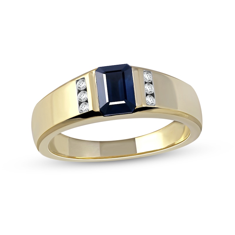 Men's Emerald-Cut Blue Sapphire and 0.12 CT. T.W. Diamond Octagonal Frame Tri-Sides Band in 10K Gold