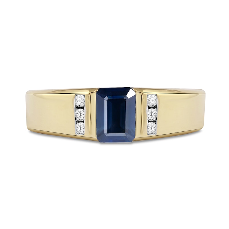 Men's Emerald-Cut Blue Sapphire and 0.12 CT. T.W. Diamond Octagonal Frame Tri-Sides Band in 10K Gold